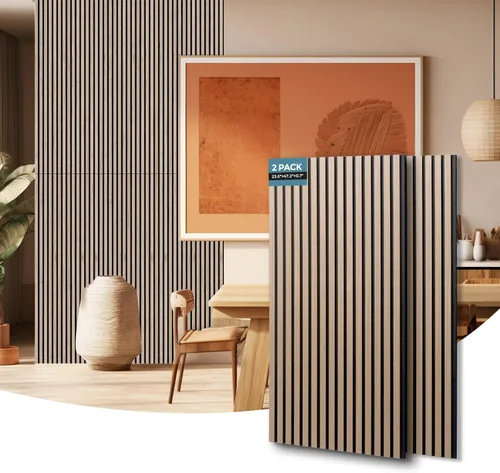 Miniatura 11 de AKUMAX Paquete de 2 paneles acústicos, listones de madera para pared y techo, paneles de espuma acústica de 96 x 24 pulgadas, paneles de pared 3D