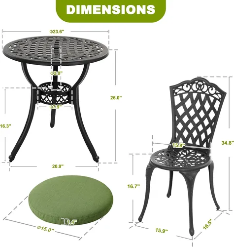 Miniatura 7 de NUU GARDEN Juego de 3 piezas de aluminio fundido para patio, mesa y sillas para exteriores, juego de 2 con agujero para sombrilla y cojines verdes