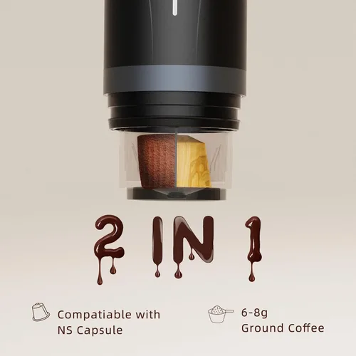 Miniatura 3 de Máquina de café espresso portátil, mini cafetera eléctrica autocalentable, hasta 20 bar de presión, compatible con cápsulas NS y molienda fina