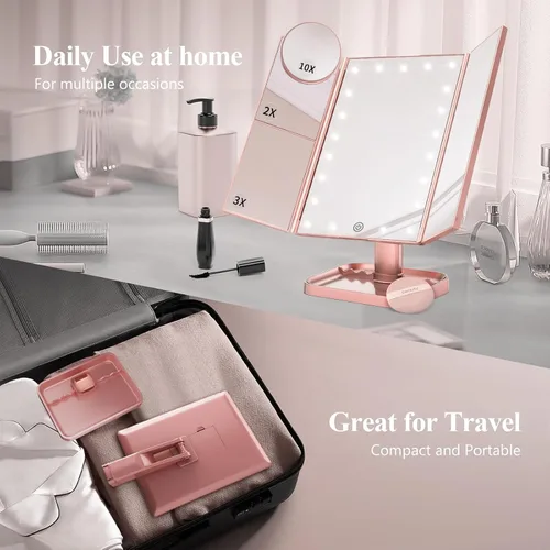Miniatura 5 de HUONUL - Espejo de maquillaje para tocador con luces, aumento de 2X, 3X y 10X, control táctil, espejo triple, fuente de alimentación doble, regalos