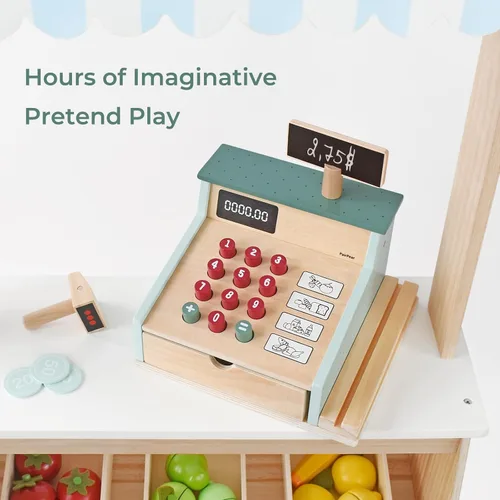 Miniatura 3 de PairPear Caja Registradora de Juguete de Madera, Juguetes de Juego de Simulación para Contar Dinero para Niños con Escáner y Tarjeta de Crédito