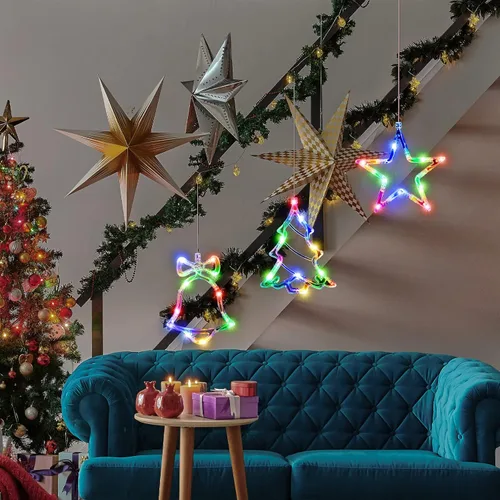 Miniatura 9 de LYUBASA Paquete de 3 luces de Navidad para ventana con temporizador, alimentadas por baterías, lechón LED multicolor para árbol de Navidad