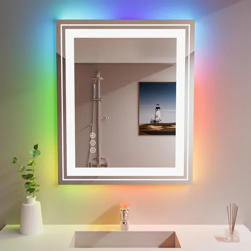 Miniatura 45 de Snowdool Espejo LED de baño, 32 x 32 pulgadas con luz frontal y retroiluminada, antivaho, espejo de tocador de baño para pared, función de memoria