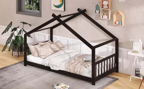 Miniatura 7 de Cama de madera Montessori con plataforma para niños con cabecero y estribo para niños, niñas, adolescentes, café expreso Espresso