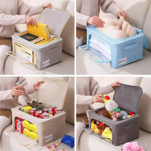 Miniatura 3 de CYhom Paquete de 3 contenedores plegables de almacenamiento - Caja de almacenamiento con marco de tela de lino apilable para ropa con ventana