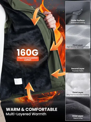 Miniatura 3 de Men's Winter Insulated Coat Warm Water Resistant Skiing Parka Jacket Fleece Lined Detachable Hood 7 Pockets Work Coat