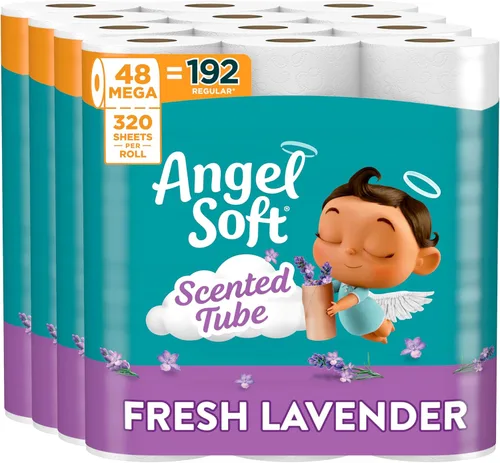 Papel higiénico suave Angel Soft con tubo perfumado de lavanda fresca, 48 mega rollos = 192 rollos regulares, papel higiénico suave y resistente