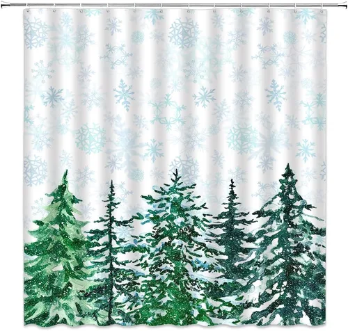 Miniatura 16 de Cortina de Ducha para Cabina Pequeña, Pino de Navidad Ciervo Reno Copo de Nieve Estrella Vacaciones de Invierno Festival Navideño Vida Silvestre