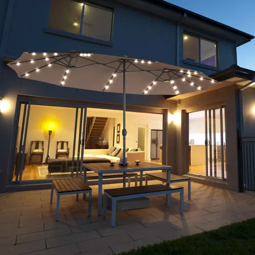 Miniatura 2 de Tangkula Sombrilla solar de patio de 15 pies con base, sombrilla individual extragrande de doble cara para exteriores con 36 luces LED y manivela