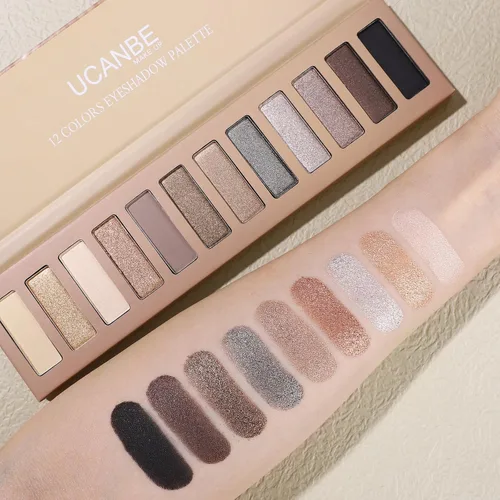 Miniatura 5 de UCANBE Paleta de maquillaje de sombra de ojos de 12 colores, sombra de ojos desnuda mate brillante neutral con kit de brochas de doble punta, 04