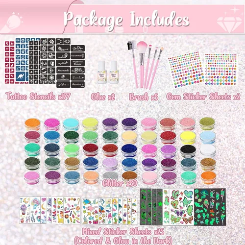 Miniatura 8 de TEUVO Kit de tatuaje con purpurina para niños con 50 colores, 177 plantillas, 25 calcomanías de patrones mixtos (colores/luminosos), 2 calcomanías