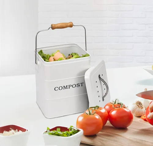 Miniatura 5 de Cubo de compostaje para encimera de cocina, cubo de compostaje para interiores, ideal para restos de comida, acero al carbono, asas, negro, 1 galón
