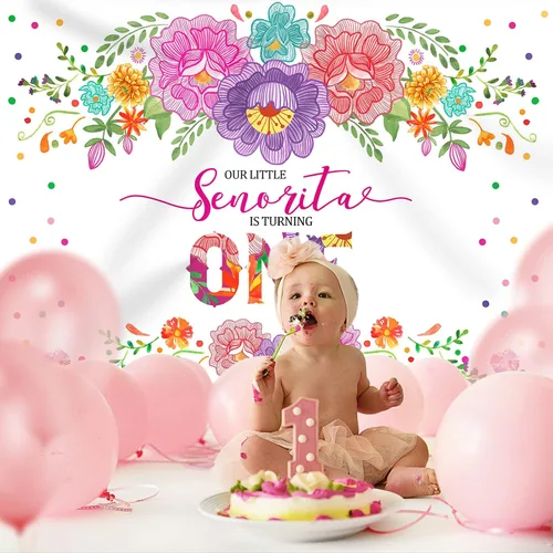 Miniatura 3 de Fondo de fiesta mexicana para el primer cumpleaños para niñas, flores, Senorita Turning One, fondo de fotografía de 7 x 5 pies, fiesta de niña