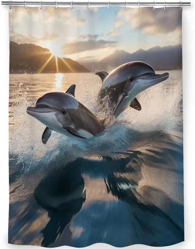 Miniatura 2 de TEAKAY Cortina de ducha de delfín, paisaje de delfín volando sobre el agua, cortina de ducha con estampado fotográfico de delfín, animales marinos
