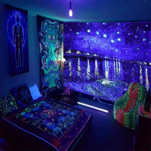 Miniatura 2 de PSYHILAR Pósteres de luz negra para adolescentes, Vincent Van Gogh, tapices estéticos de luz negra, telón de fondo de noche estrellada sobre
