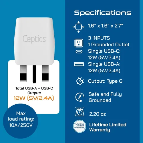 Miniatura 6 de Ceptics Adaptadores británicos para viajes a Londres, Hong Kong, Irlanda - USB-A + USB-C y entrada de Estados Unidos - Adaptador tipo G conectado a