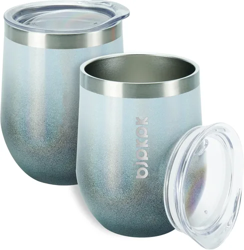Miniatura 23 de BJPKPK 2 vasos de vino aislados de 12 onzas, tazas de café al vacío de doble pared de 12 onzas con tapa, vasos de vino de acero inoxidable A-verde