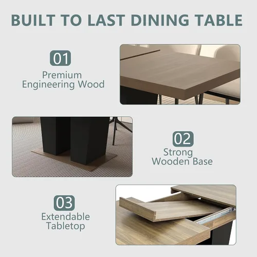 Miniatura 4 de Juego de mesa de comedor extensible de 5 piezas con 4 sillas de tela, mesa extensible marrón con base negra, juego moderno de comedor de madera