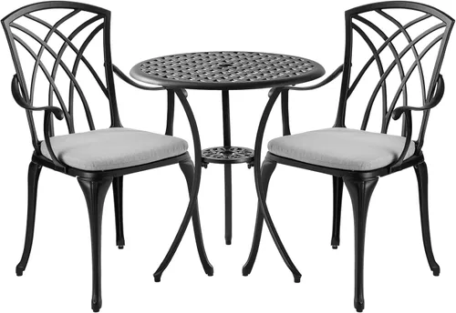 Juego de 2 mesas y sillas de bistró de aluminio fundido con agujero para paraguas, juego de bistró al aire libre con cojín para patio (Negro 1)