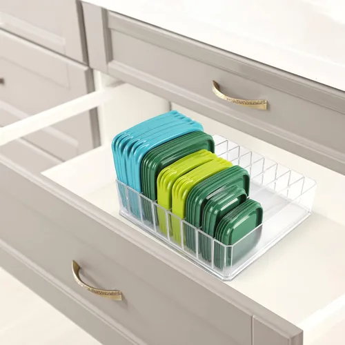 Miniatura 4 de Bawuie Organizador de tapas para contenedores de almacenamiento de alimentos, soporte de tapas de plástico con 7 divisores ajustables para gabinete