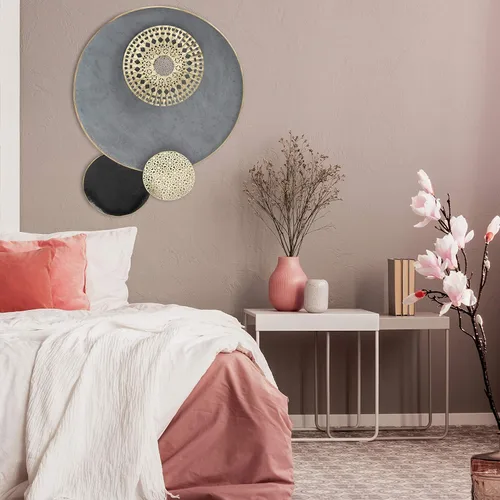 Miniatura 6 de MODERNIST HOME - Roundeles flotantes, escultura de pared de metal, decoración, detalles dorados dorados, gris brillante y negro, detalles