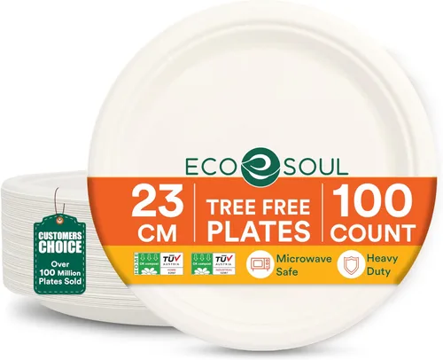 Miniatura 21 de ECO SOUL Compostable Paper Plates 9 Inch, 500 Pack – Heavy Duty Disposable Dinner Paper Plates, White Bagasse, Leak-Resistant, Microwave Safe
