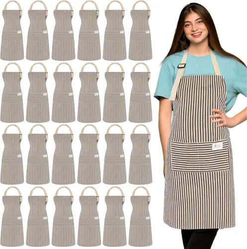 Miniatura 14 de Janmercy 24 delantales para mujeres y hombres con 2 bolsillos, delantal de cocina de lino, delantal ajustable para chef, delantales a granel unisex