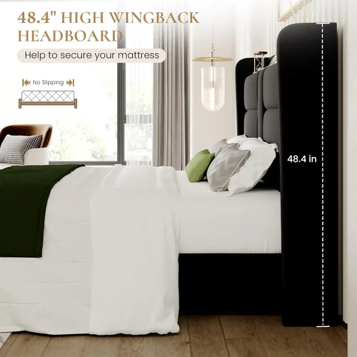 Miniatura 6 de SHA CERLIN Base de cama tapizada tamaño Queen con estante de almacenamiento y estación de carga, cama moderna de plataforma de terciopelo con Negro