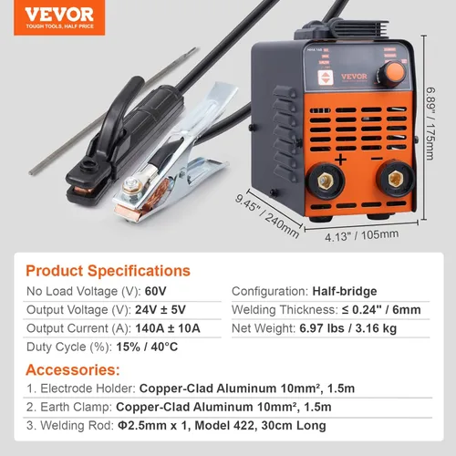 Miniatura 7 de VEVOR Soldador de Palo, Mini y Portátil 140Amp 2 en 1 Máquina de Soldadura ARC/Lift TIG, Soldador de Arco con Arranque en Caliente/Fuerza