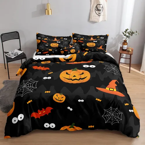 Miniatura 16 de Juego de funda de edredón de calabaza para Halloween, divertido diseño de calabaza malvada, color negro, juego de ropa de cama Tiwn 1 funda