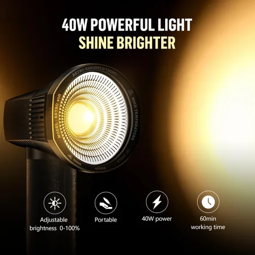 Miniatura 2 de LENSGO Luz de cámara retro 40H, 40 W bicolor 2700K-7000K CRI 96+ luz de video, 2600 mAh, 8 modos de luz, brillo ajustable y temperatura
