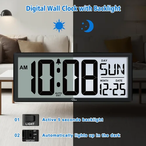 Miniatura 2 de WallarGe Reloj de Pared Digital con Retroiluminación Operado por Batería - con Temperatura y Fecha 14.5'' Reloj de Pared Digital Grande, Fácil