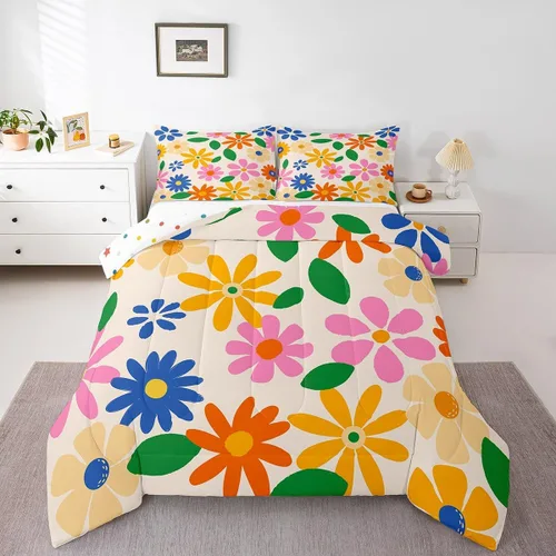 Miniatura 7 de Juego de ropa de cama floral retro, tamaño individual, vintage de los años 70 y 60, juego de edredón para niños, adultos y adolescentes, juego
