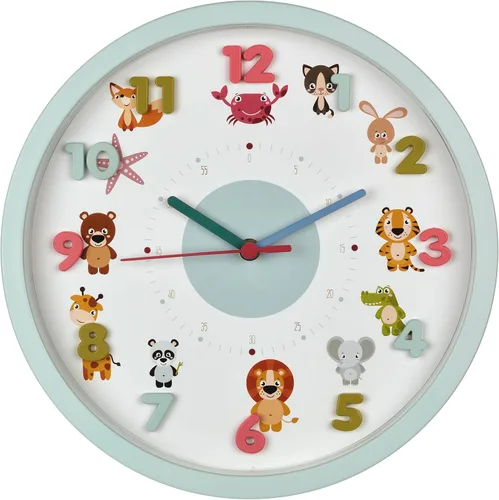 Miniatura 2 de TFA Dostmann Kids - Reloj de pared para niños, 60.3051.14, con motivos de animales, profesor de tiempo, sin tictac de cuarzo Azul claro