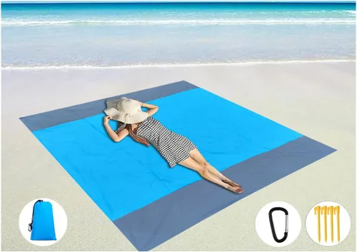 Manta de playa impermeable a prueba de arena para viajes, camping, senderismo, picnic, festivales de música, azul/gris, 79 x 55 pulgadas, hecha de