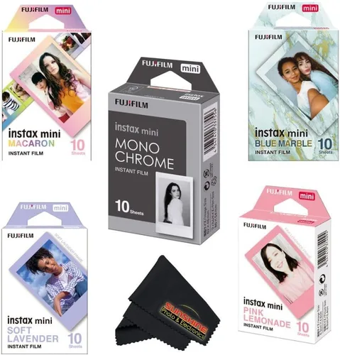 Fujifilm Paquete variado de películas Instax Mini – 5 estilos únicos para cámaras Instax (Macaron, Monocromo, Mármol Azul, Lavanda, Limonada Rosa) –