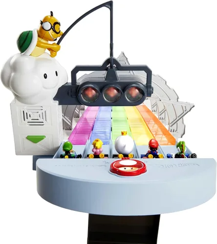 Miniatura 4 de Juego de pista de carreras Hot Wheels Mario Kart Rainbow Road de 8 pies con luces y sonidos y 2 vehículos a escala 1:64, carrera con curso colorido