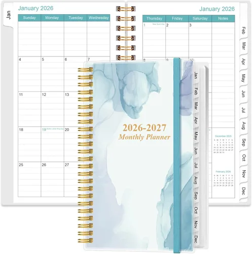 Agenda mensual 2026-2027 – Agenda mensual de enero de 2026 a junio de 2027, dos páginas por mes, 18 calendarios/agendas mensuales con pestañas,