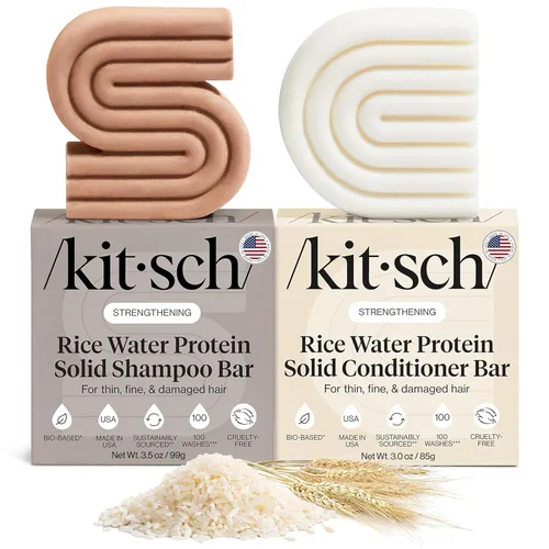 Miniatura 10 de Kitsch Set de champú y acondicionador de agua de arroz, barra sólida de champú y acondicionador con proteína para el crecimiento del cabello