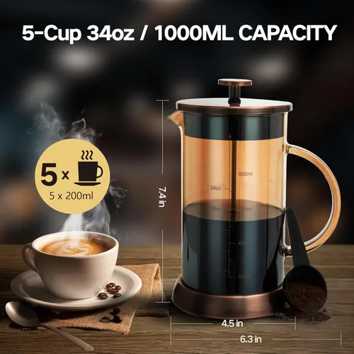 Miniatura 4 de YMMIND - Cafetera de prensa francesa de 34 onzas, cafetera de espresso de 5 tazas, cafetera de cobre para café frío con resistencia al calor y Ámbar