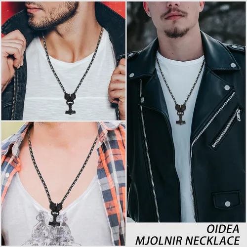 Miniatura 7 de OIDEA Viking Mjolnir Necklace for Men with Wolf Head King Chain, Stainless Steel Viking Amulet Thors Hammer Necklace Norse Pagan Jewelry,22 inch