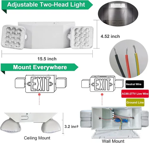 Miniatura 5 de Lámpara LED de emergencia – Luces comerciales y de salida con batería de respaldo (2 cabezales cuadrados) – Ajustable para el hogar y negocios – CA