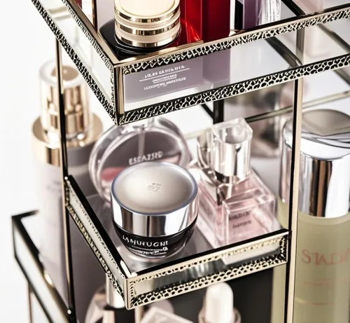 Miniatura 5 de Organizador de maquillaje de vidrio giratorio 360, almacenamiento de cosméticos giratorio con compartimentos multicapa, soporte de maquillaje Latón