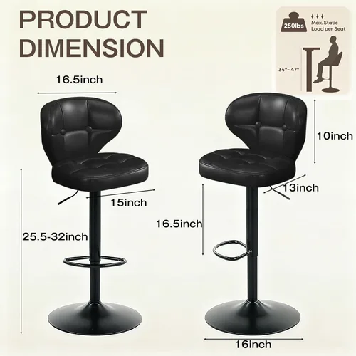 Miniatura 2 de Juego de 2 taburetes de bar, taburetes de bar giratorios ajustables con respaldo, sillas de bar de altura de mostrador con reposapiés, asiento Negro