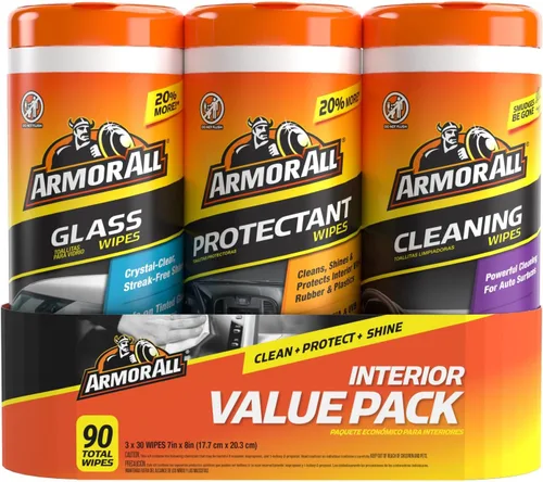 Armor All Paquete económico para interior del automóvil, 90 unidades, incluye limpiador de cristales automático, toallitas de limpieza y toallitas