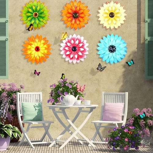 Miniatura 3 de Photect 6 piezas de flores de metal para colgar al aire libre, margaritas de metal para decoración de pared, flores 3D de múltiples capas