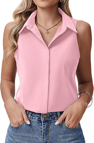 Miniatura 16 de HOTOUCH Camisas sin mangas con botones ocultos para mujer, frente con botones ocultos, cuello, blusas casuales elegantes holgadas para oficina