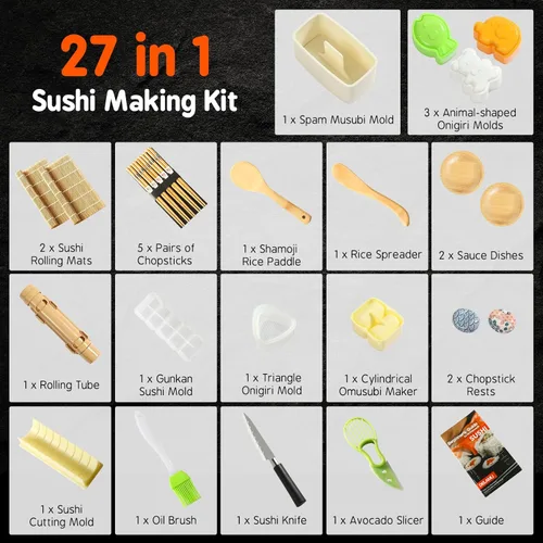 Miniatura 2 de Kit de fabricación de sushi Delamu 27 en 1 [Padre-Hijo] Kit de sushi, para principiantes/expertos en sushi, con esteras de bambú para sushi, bazuca