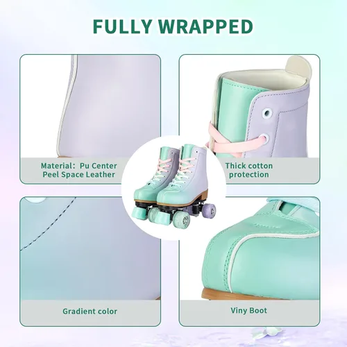 Miniatura 7 de Gets Patines altos para mujer, piel sintética, cuatro ruedas, doble fila, brillante, para interiores y exteriores Destello verde púrpura