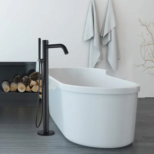 Miniatura 2 de HEATGENE Grifo de bañera independiente para bañera de una sola manija, grifos montados en el piso con ducha de mano, color negro mate Mate negro